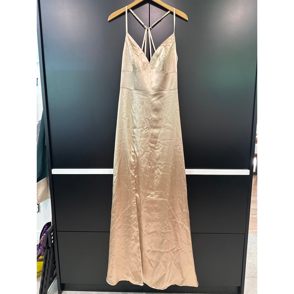 Azazie Meagan Champagne Satin Maxi Dress Strappy Back Formal Gown Size 12 NEW